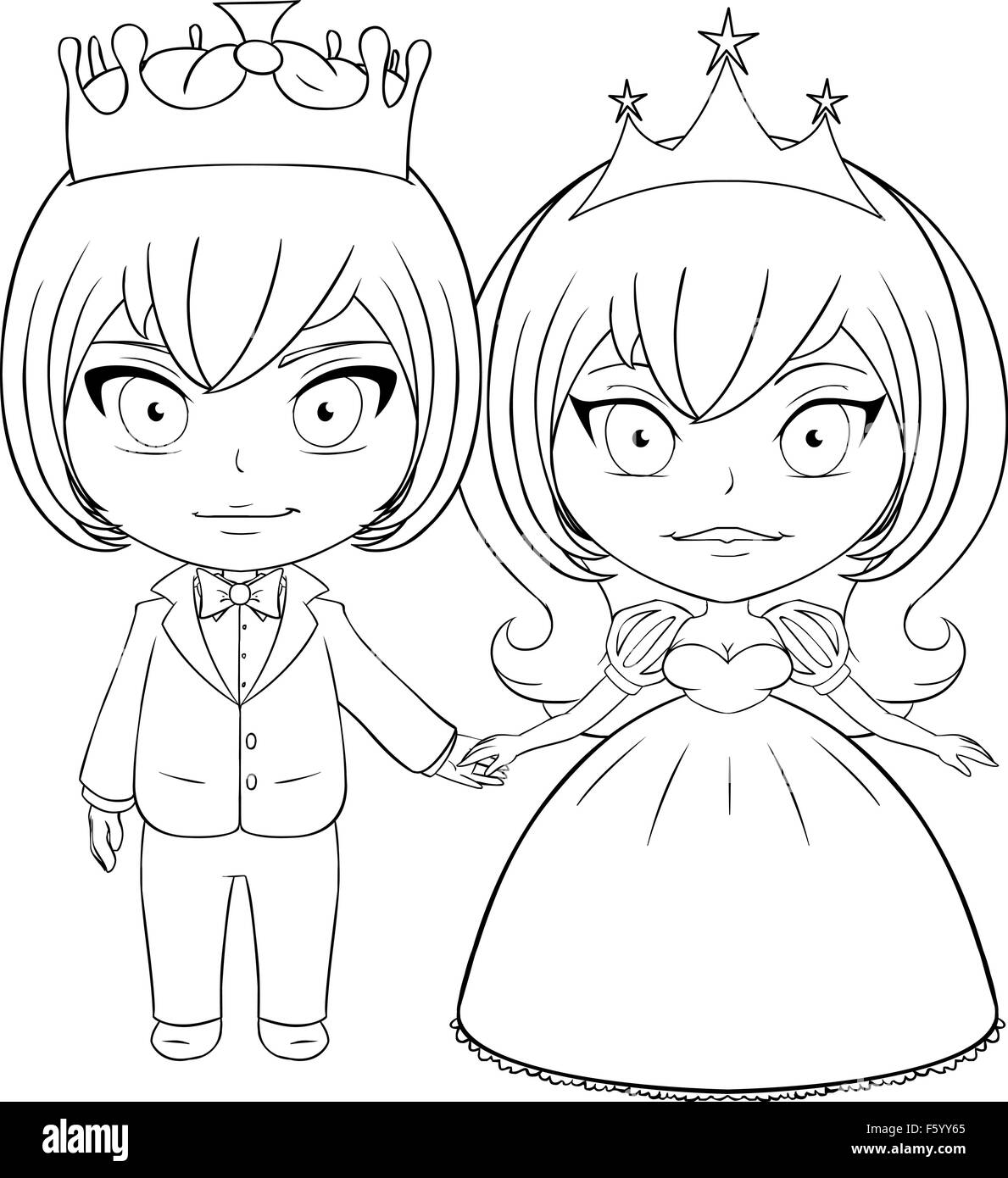 Vector illustration coloring page of a prince and princess holding ...