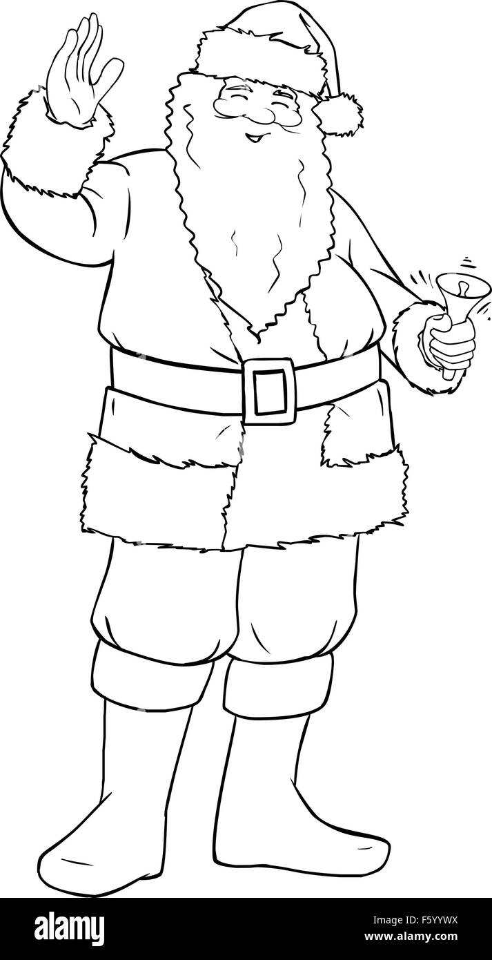 Vector illustration coloring page of Santa Claus smiling and ringing a bell and waving his hand for Christmas. Stock Vector