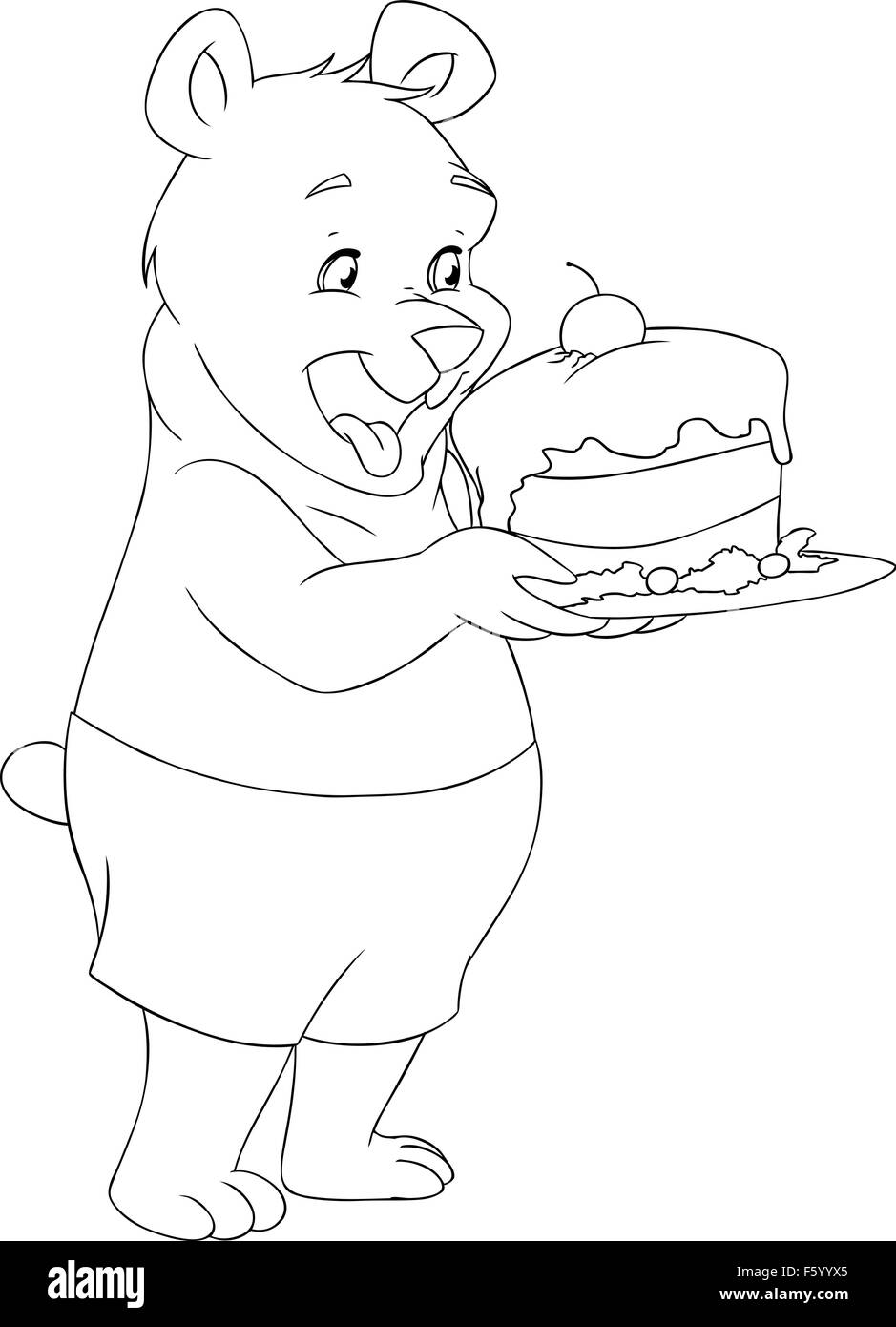 Vector illustration coloring page of a cute young bear holding a delicious cake. Stock Vector