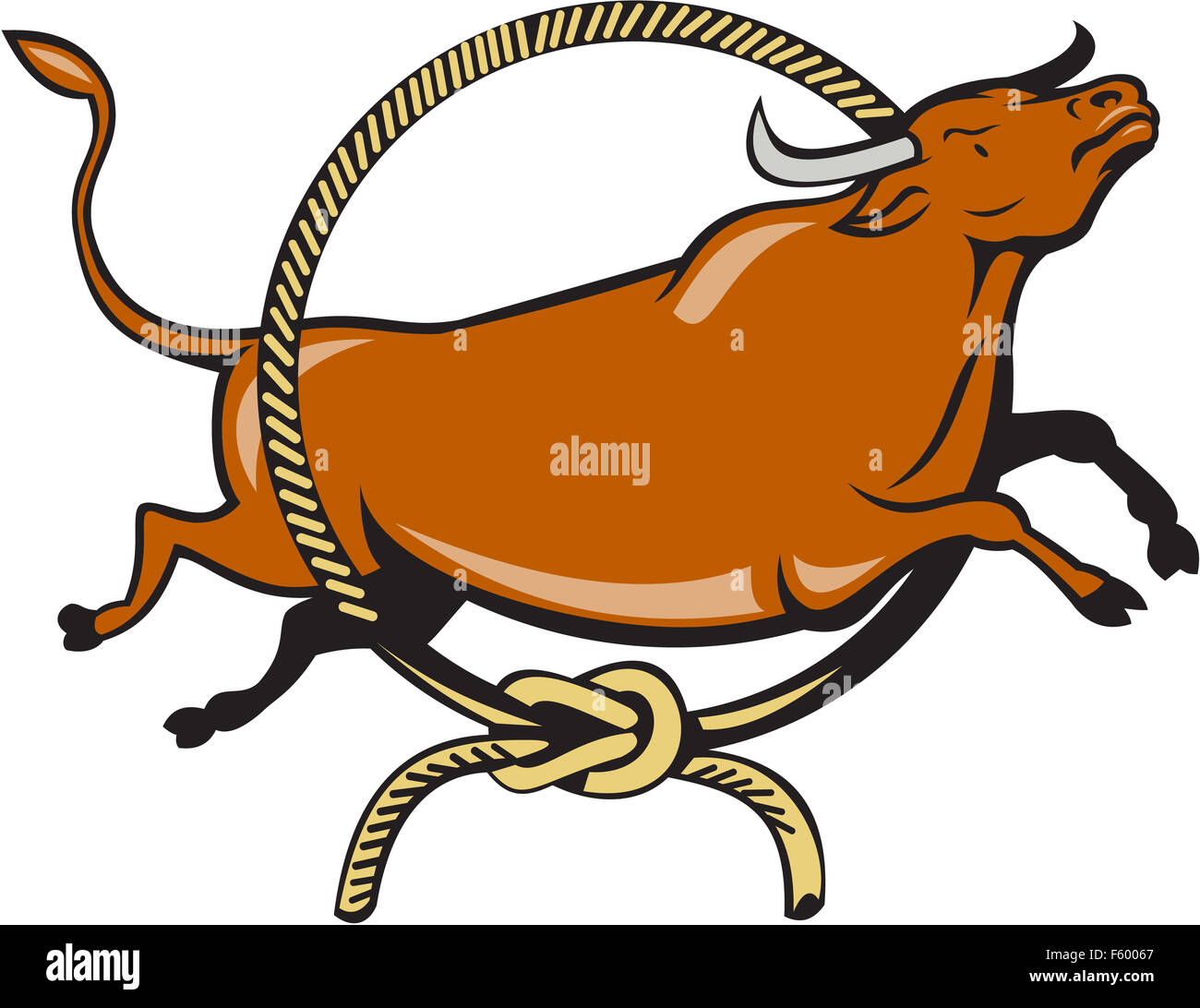 Illustration of a texas longhorn red bull jumping over lasso rope ...