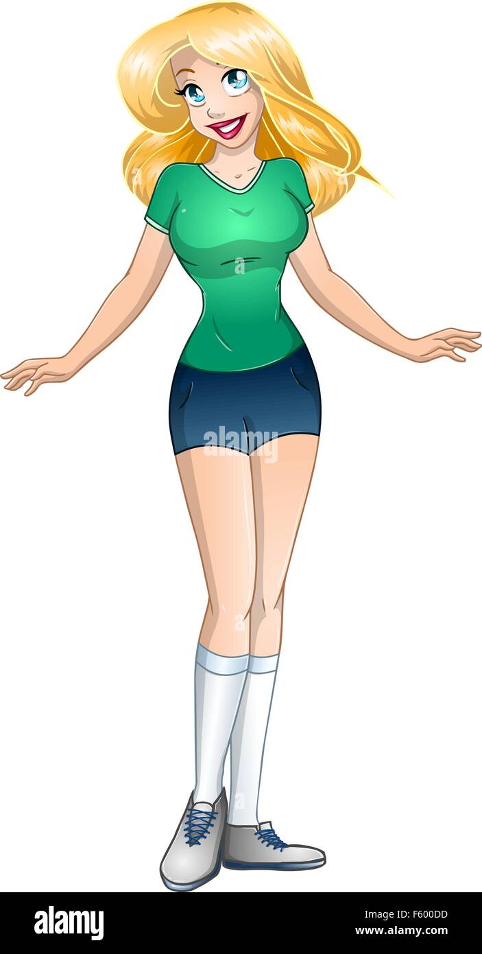 Vector illustration of a blond teenage girl in tshirt and short pants. Stock Vector