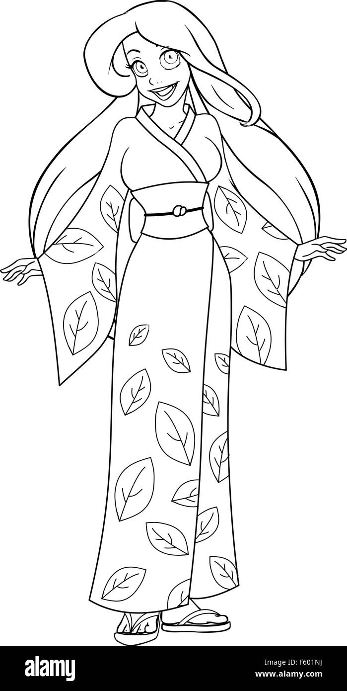 Vector illustration coloring page of a caucasian woman in traditional japanese kimono. Stock Vector