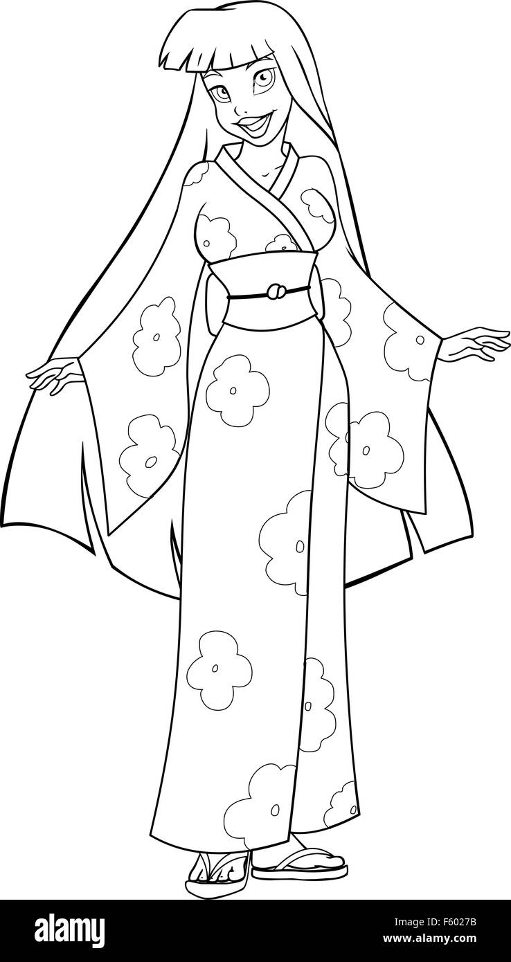 Vector illustration coloring page of an asian woman in traditional ...