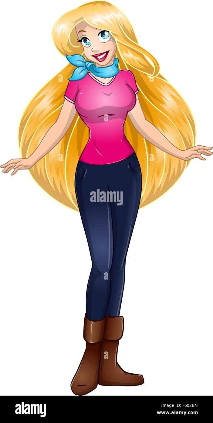 Vector illustration of a blond teenage girl in tshirt and long pants. Stock Vector