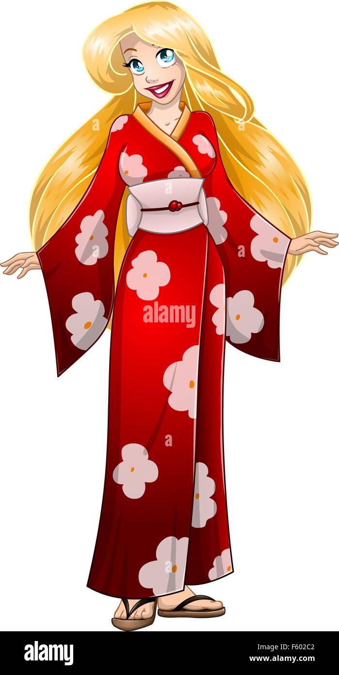 Vector illustration of a caucasian blond woman in traditional red japanese kimono. Stock Vector