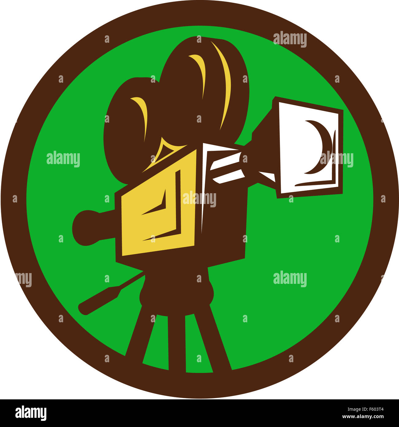 Illustration of a vintage movie film motion-picture camera set inside set inside circle on isolated background done in retro style. Stock Photo