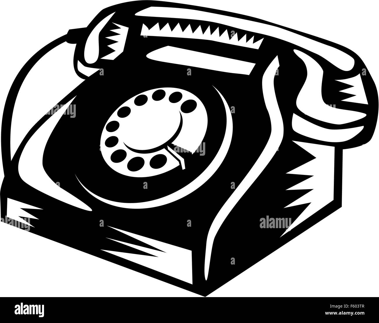 Illustration of a vintage telephone viewed from the front set on isolated white background done in retro woodcut style. Stock Photo