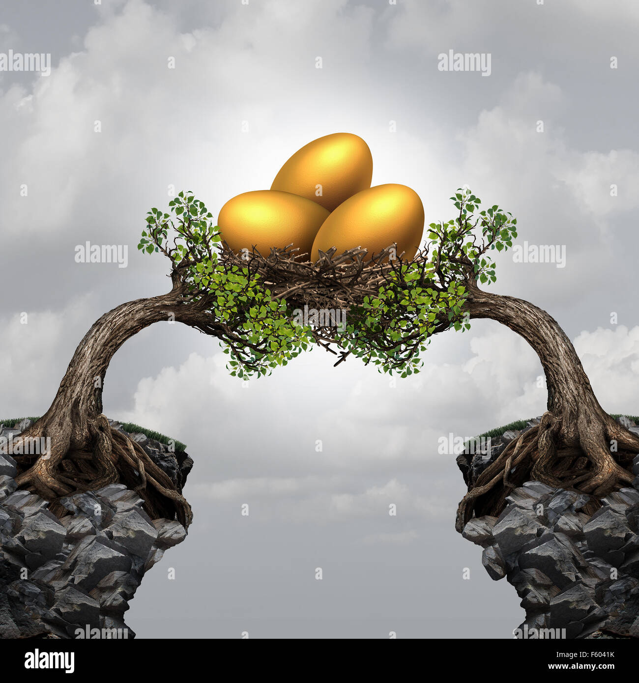 Investment group securitty business concept as two distant trees on cliffs coming together to unite and support a nest full of golden eggs as a symbol and financial metaphor for team investing or global funds advice. Stock Photo