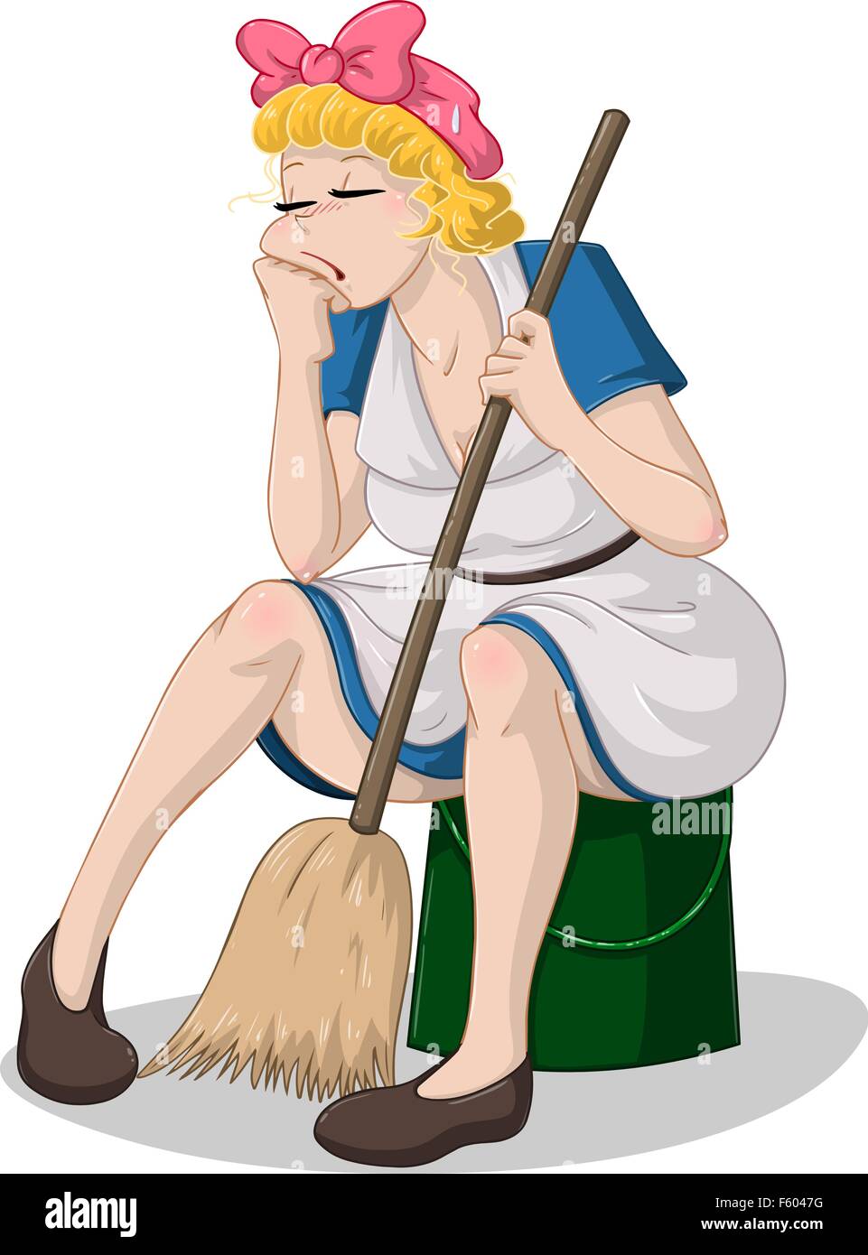 Vector illustration of a tired cleaning lady sitting on a bucket. Stock Vector