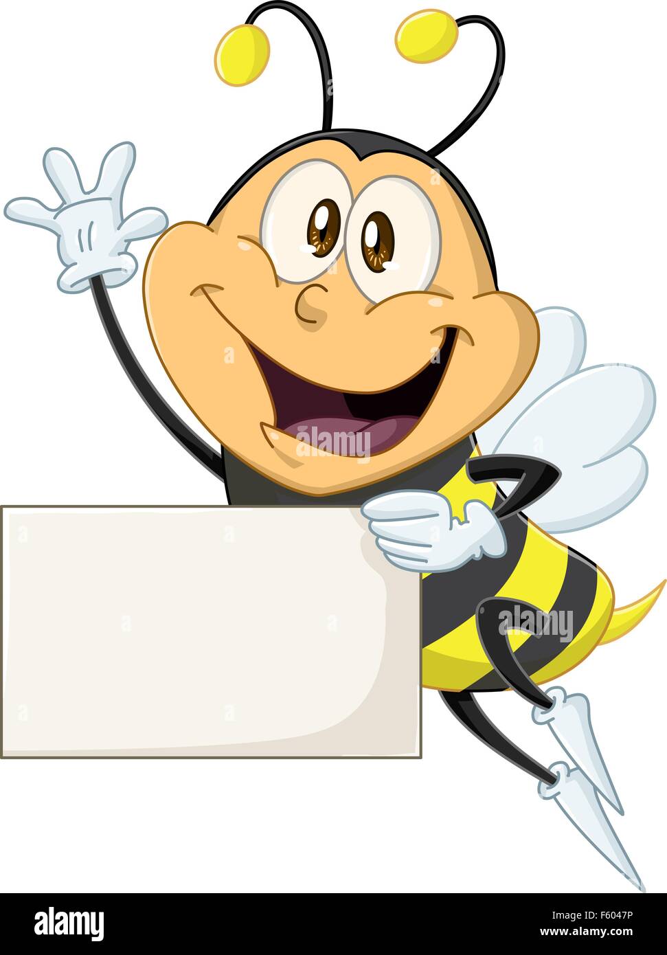 Vector illustration of a cute flying bee holds sign and waves Stock