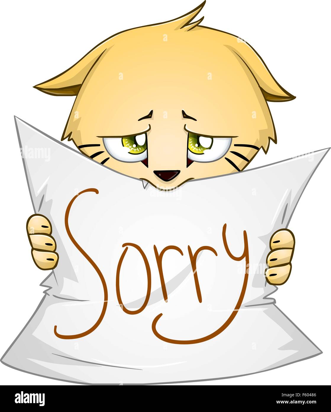 Vector illustration of a cute kitten holds sign of apology Stock Vector