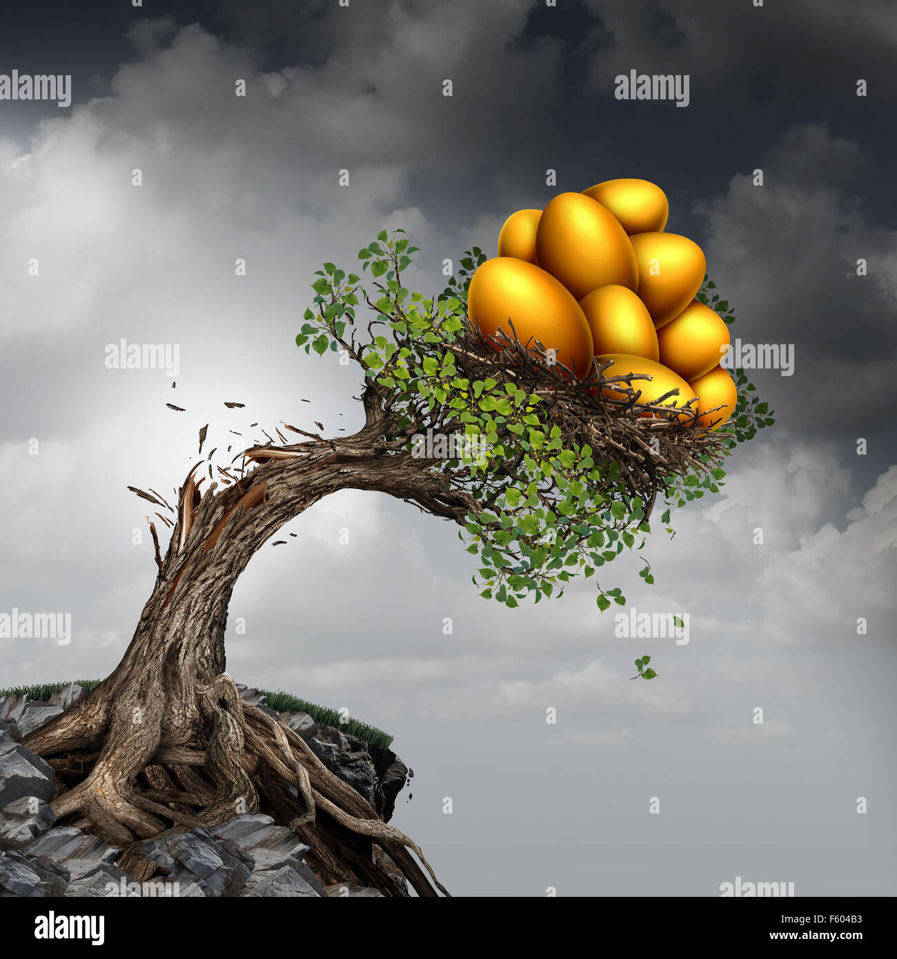 Financial success problem and investment stress symbol as a growing tree breaking due to the excess weight of growth income as a group of golden nest eggs pushing the plant down. Stock Photo