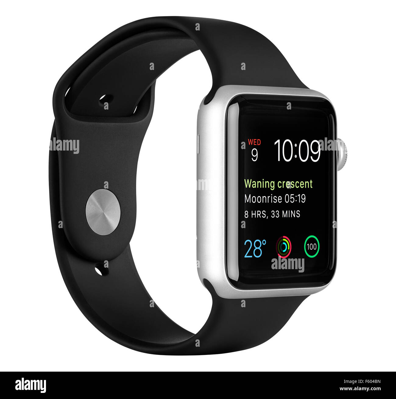 Varna, Bulgaria - October 16, 2015: Apple Watch Sport 42mm Silver Aluminum Case with Black Band with clock face on the display. Stock Photo