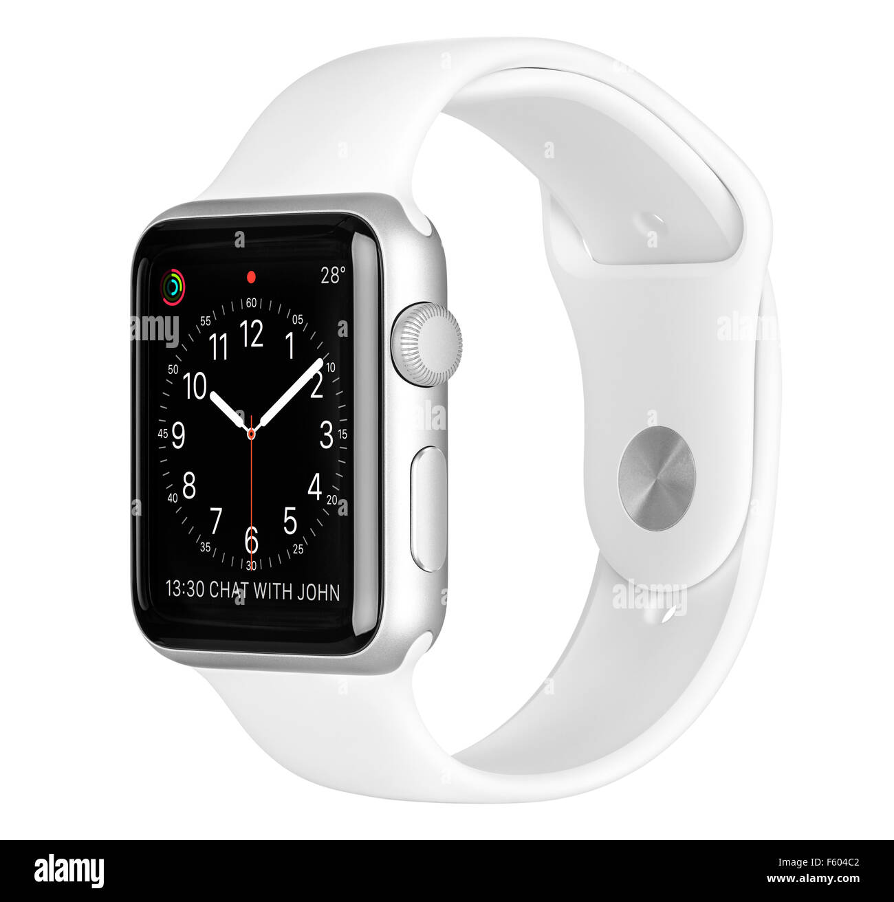 Varna, Bulgaria - October 16, 2015: Apple Watch Sport 42mm Silver Aluminum Case with White Band with clock face on the display. Stock Photo