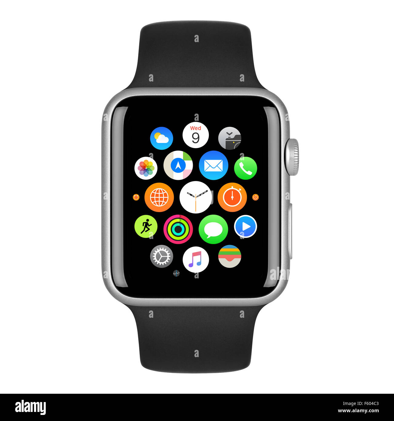 Varna, Bulgaria - October 15, 2015: Apple Watch Sport 42mm Silver Aluminum Case with Black Band with homescreen on the display. Stock Photo
