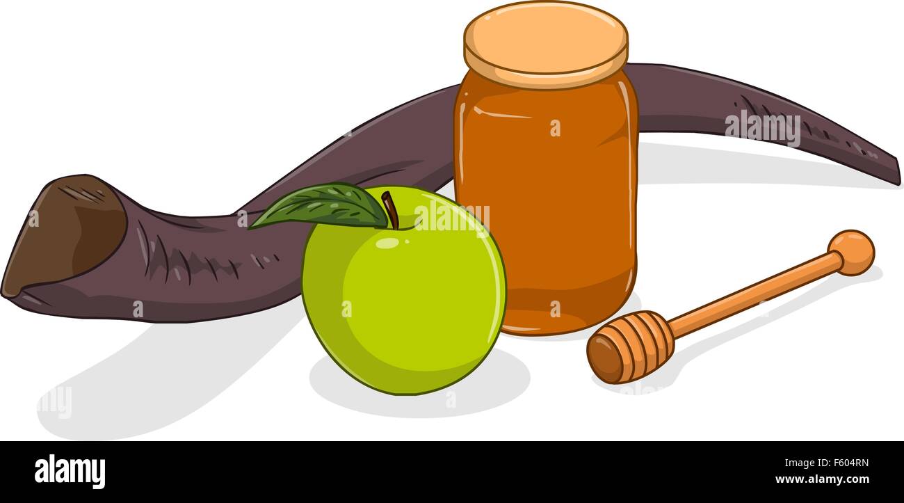 Vector illustration of shofar apple and honey jar for yom kippur Stock Vector