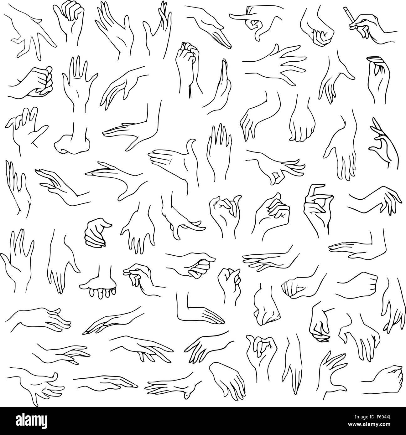 Vector illustration line art pack of woman hands in various gestures. Stock Vector