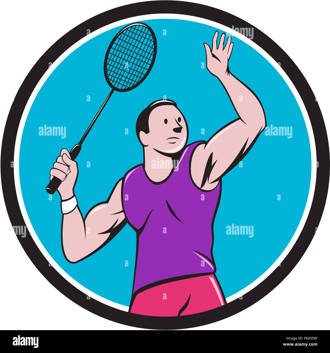 Illustration of a badminton player with racquet smashing striking set  inside circle on isolated background done in cartoon style Stock Photo -  Alamy
