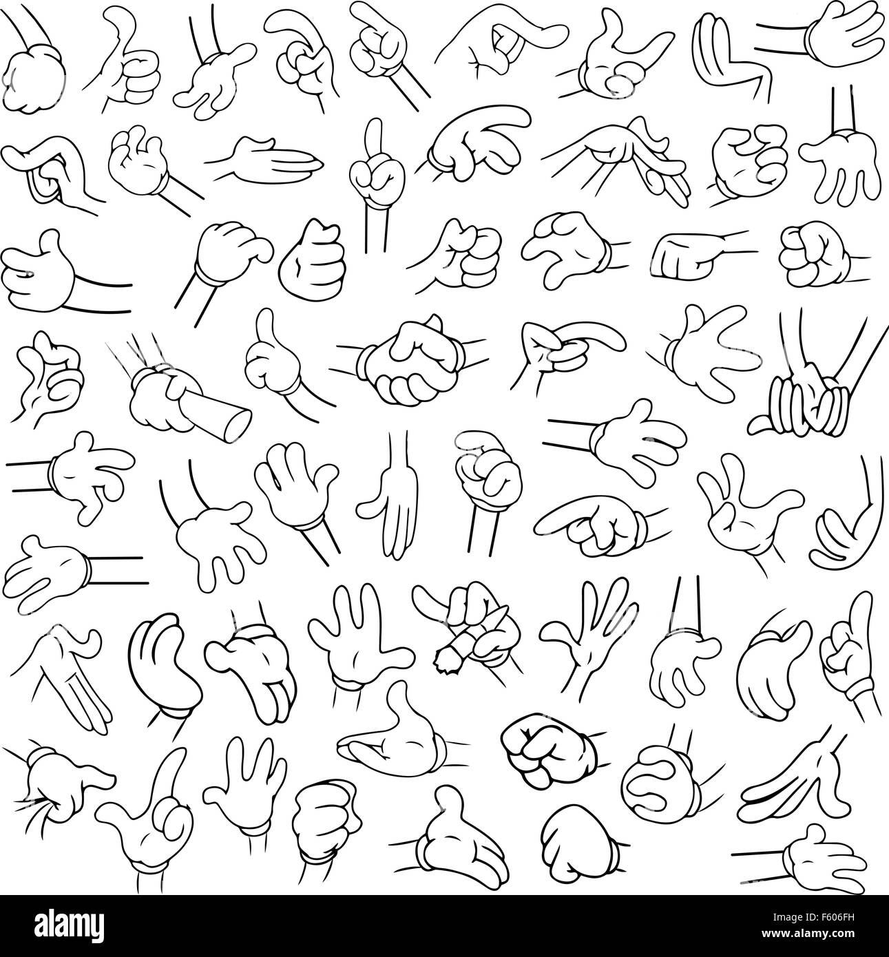 Vector illustrations lineart pack of cartoon hands in various gestures. Stock Vector