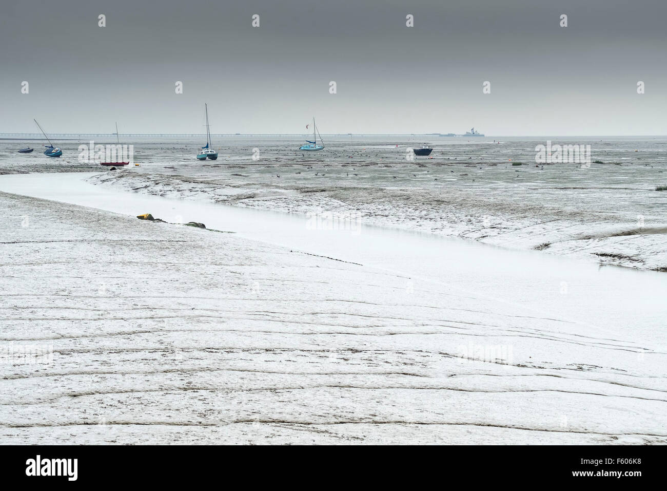 A grey day on the Thames Estuary at Leigh on Sea in Essex.. Stock Photo