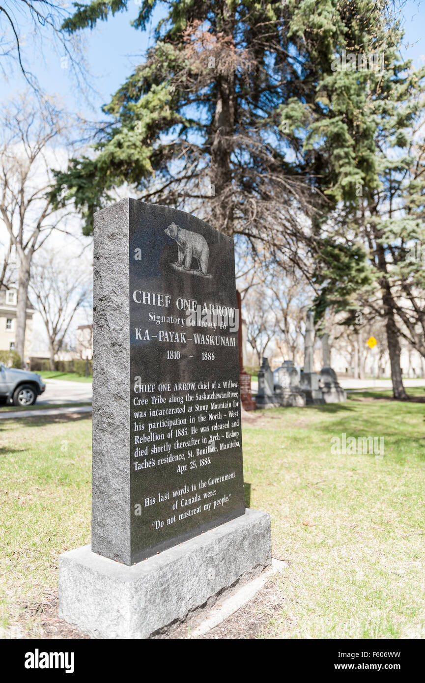 Headstone, Chief One Arrow, chief of First Nation of Willow Crees,St.Boniface, Manitoba Stock Photo