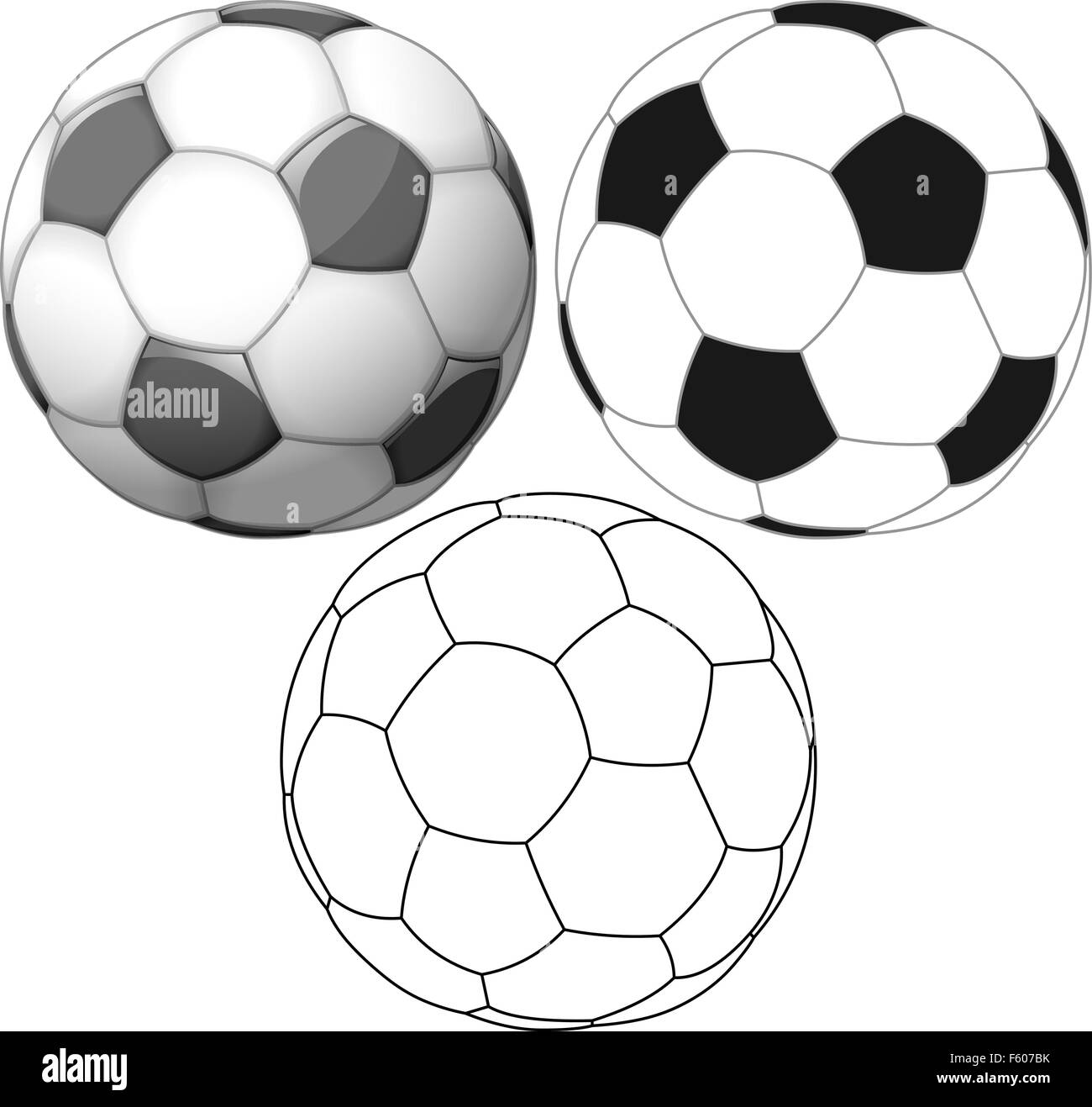 Vector illustration set of soccer ball colored black and white and outline. Stock Vector