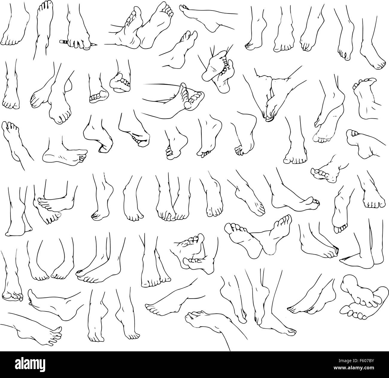 Vector illustrations pack lineart of human feet in various gestures. Stock Vector