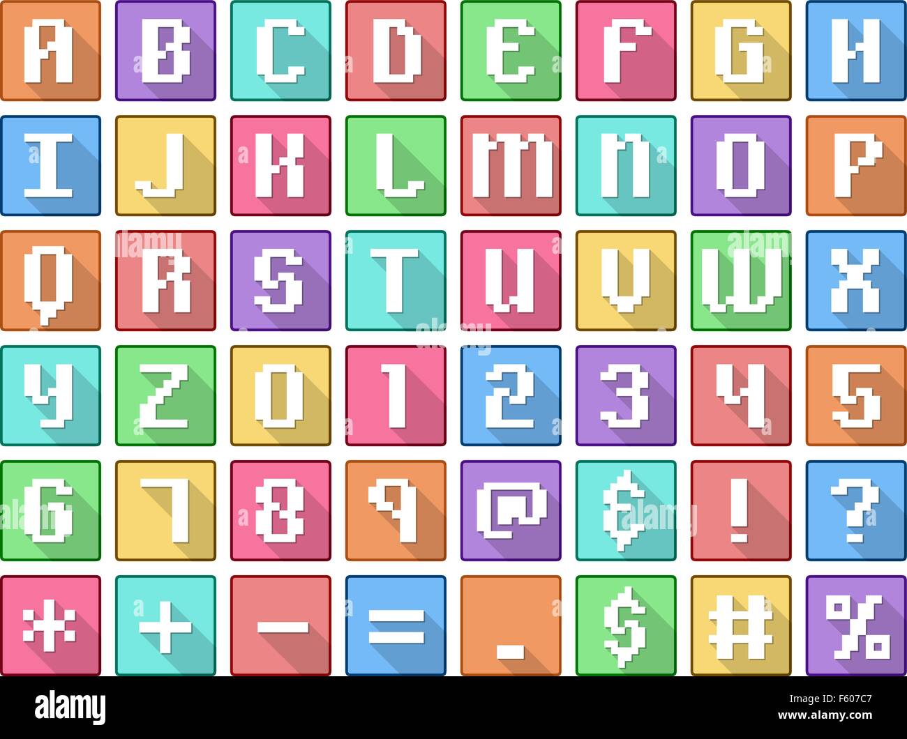 Vector illustration set of alphabet numbers symbols square flat icons in retro style. Stock Vector