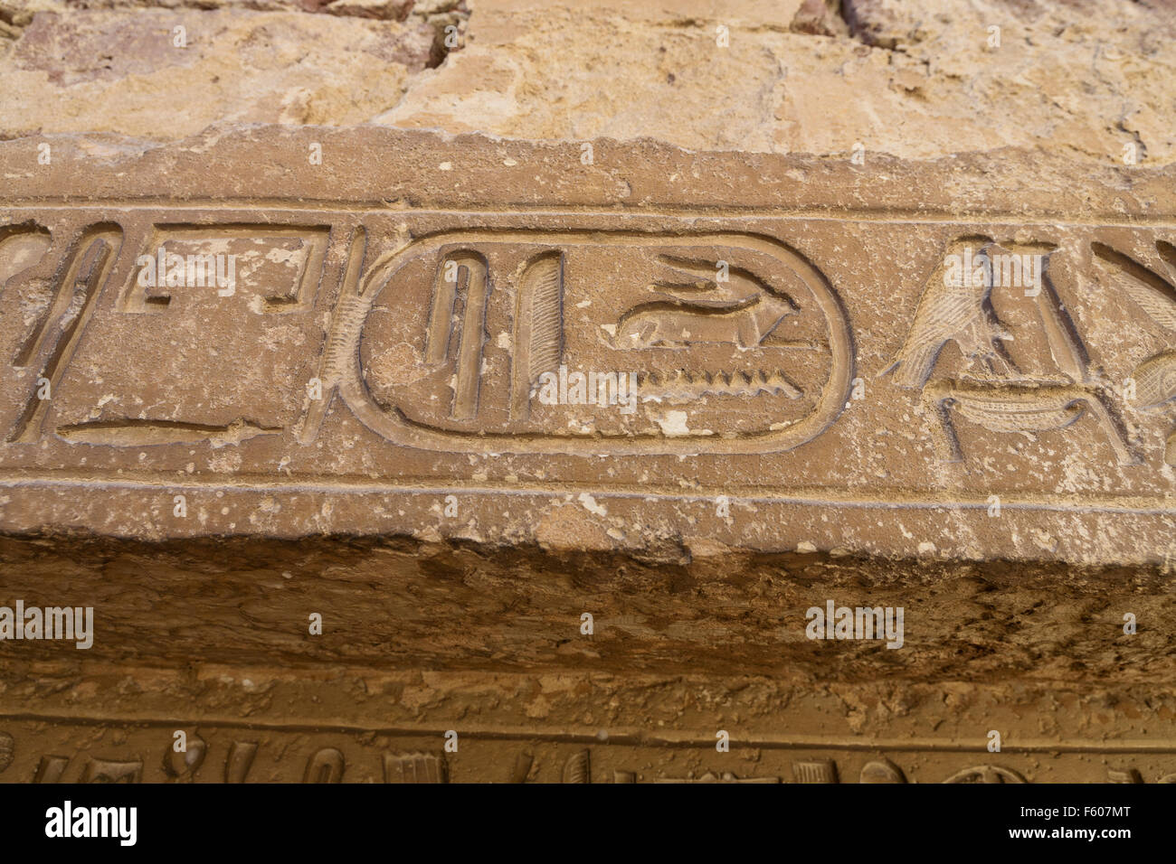 Close up of Old Kingdom lintel, Unas Cartouche, at the necropolis of Sakkara also known as Saqqara Egypt Stock Photo