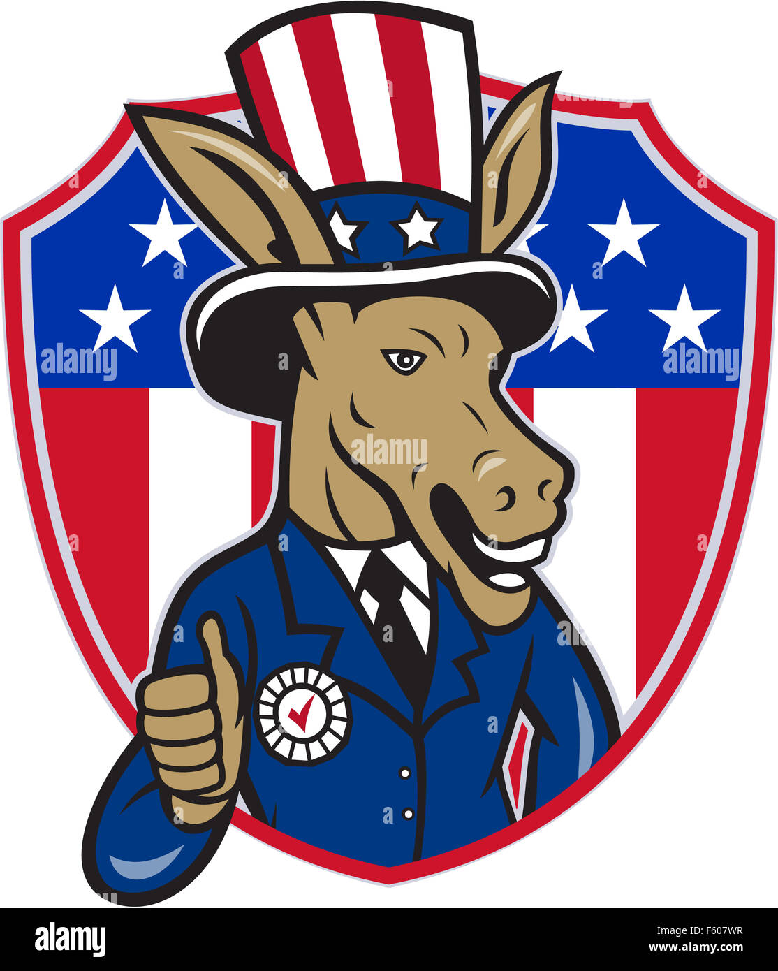 Illustration of a democrat donkey mascot of the democratic grand old party gop wearing hat and suit showing thumbs up set inside shield with american stars and stripes in the background done in cartoon style. Stock Photo