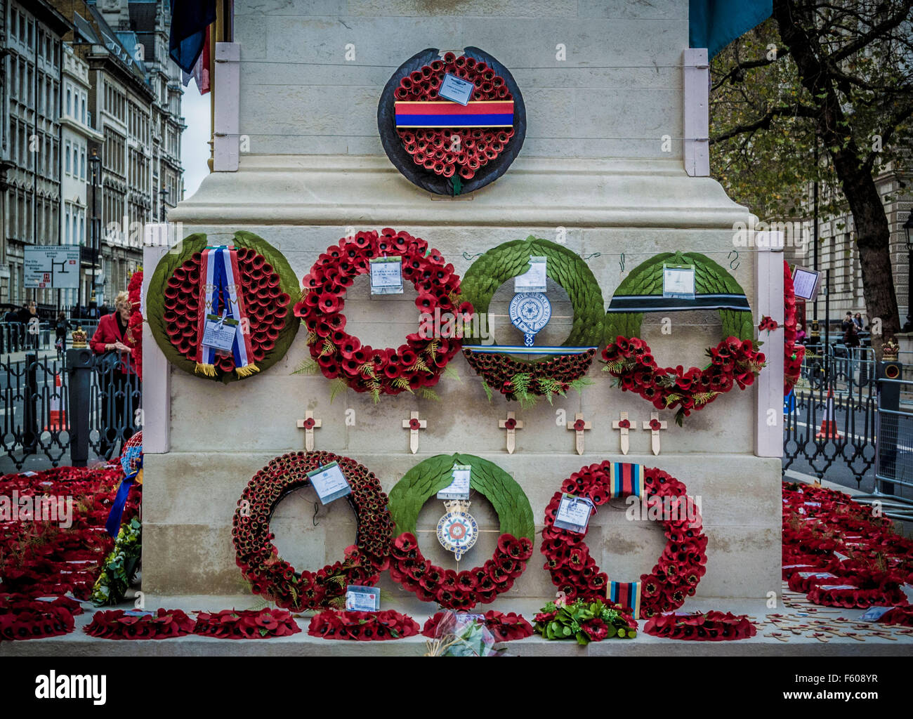 London, UK. 9th November, 2015.  Poppy wreaths at the Cenotaph for Remembrance Day.  Bailey-Cooper Photography/Alamy Live News Stock Photo