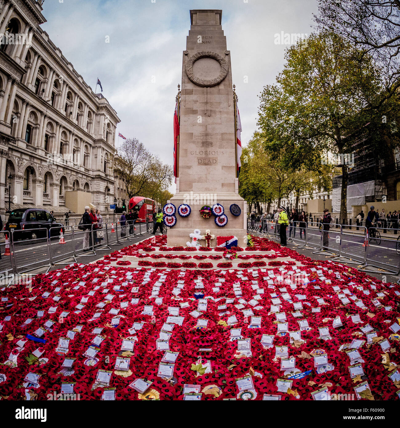 London, UK. 9th November, 2015.  Poppy wreaths at the Cenotaph for Remembrance Day.  Bailey-Cooper Photography/Alamy Live News Stock Photo