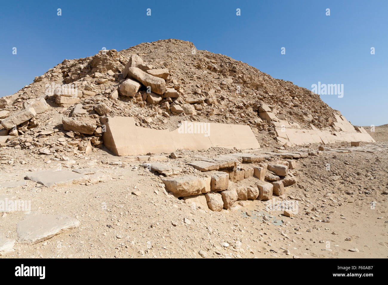 West face of Pyramid of Unas showing casing, at the necropolis of Sakkara also known as Saqqara Egypt Stock Photo