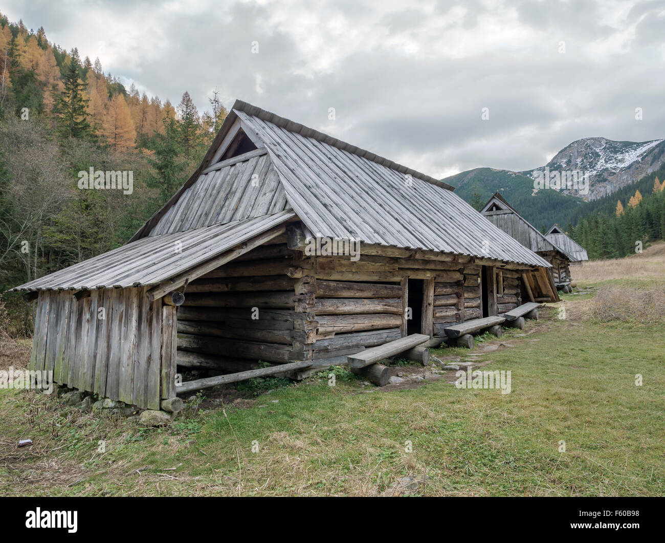 Old wooden shepherd's hut in the pasture at the foot of the High Tatra mountains, Poland Stock Photo