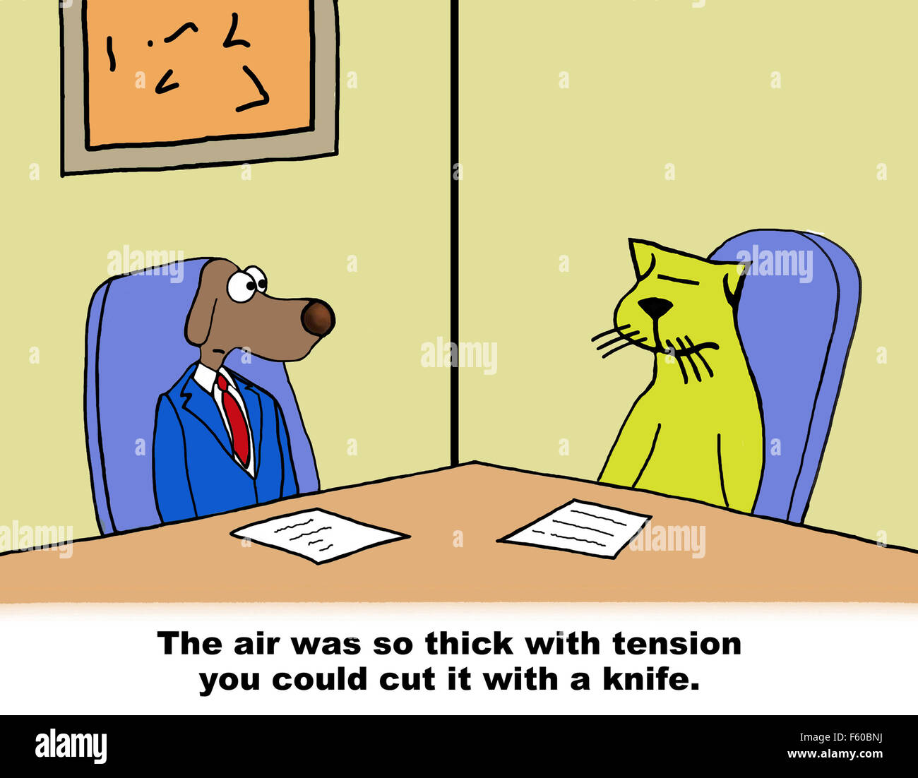 Business cartoon of business dog and business cat in a meeting, 'The air was so thick with tension you could cut it with a knife Stock Photo