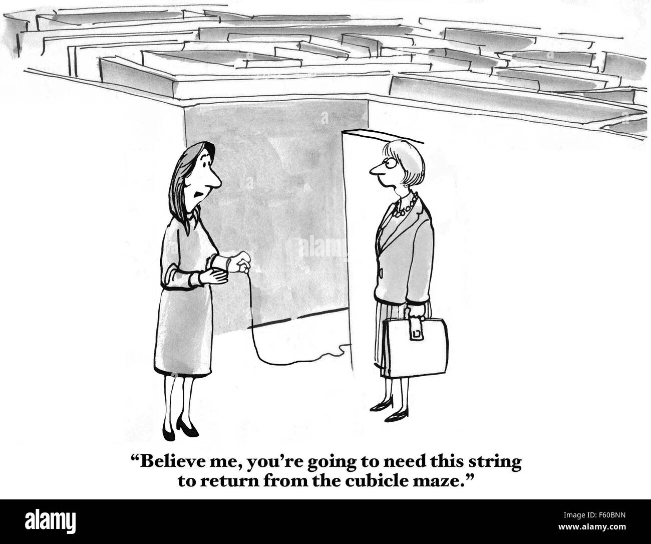 Business cartoon of two women, '...you're going to need this string to return from the cubicle maze'. Stock Photo