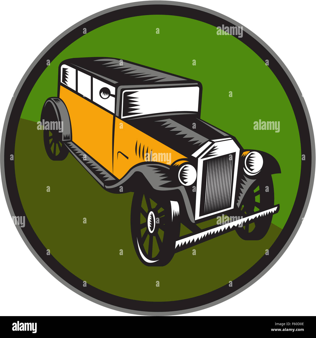 Illustration of a vintage car viewed from high angle set inside circle on isolated background done in retro woodcut style. Stock Photo