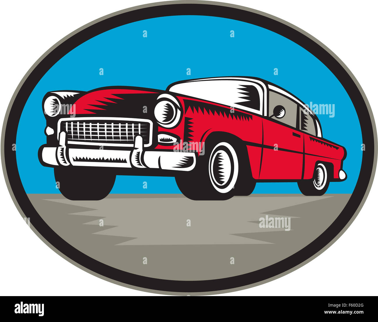 Illustration of a vintage classic car viewed from low angle set inside oval shape done in retro woodcut style. Stock Photo