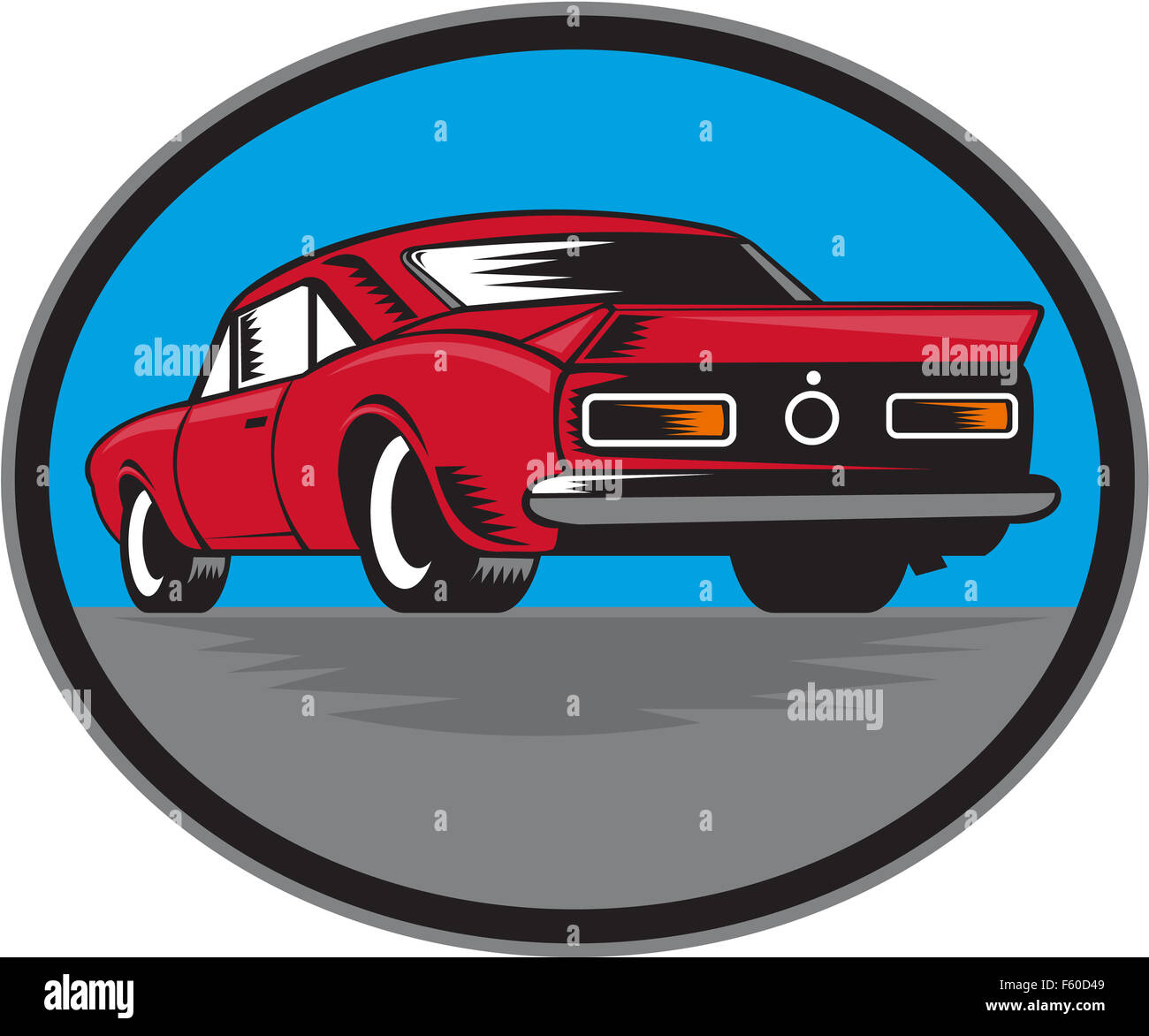 Illustration of an american vintage muscle car set inside oval viewed from rear on isolated background done in retro woodcut style. Stock Photo
