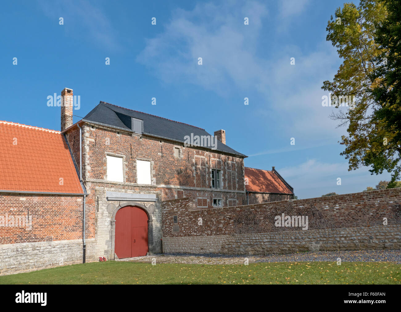 Château d'Hougoumont (originally Goumont) is a large farmhouse at the Battle of Waterloo site. Stock Photo