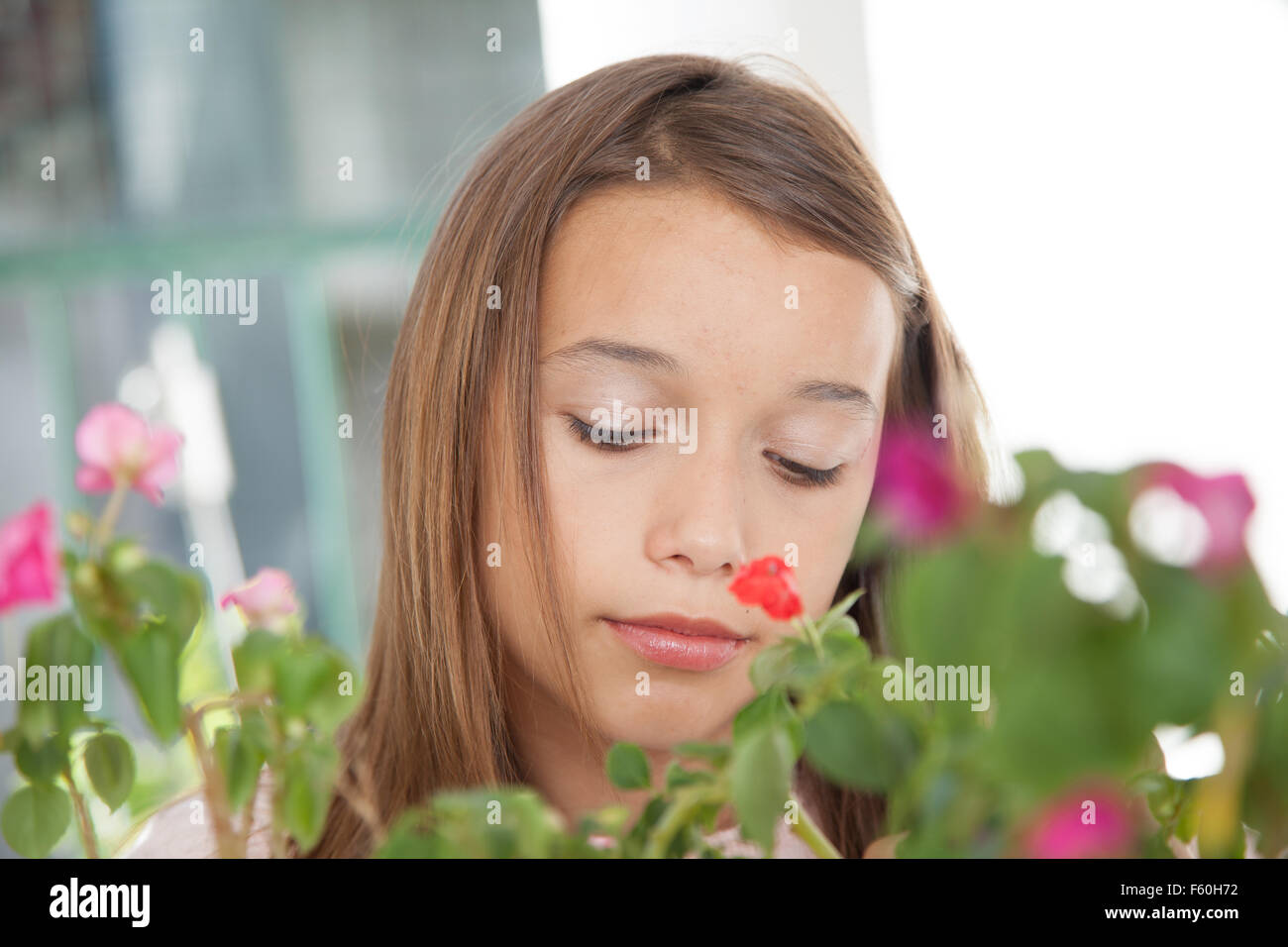 Young girl smelling the flowers Stock Photo - Alamy