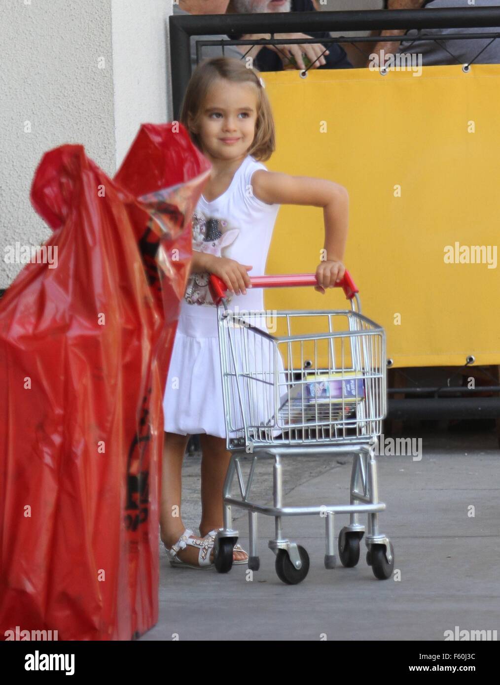 Veronica Berti, wife of tenor Andrea Bocelli, takes her daughter, Virginia, shopping at Tom's Toys in Beverly Hills  Featuring: Virginia Bocelli Where: Los Angeles, California, United States When: 24 Sep 2015 Stock Photo