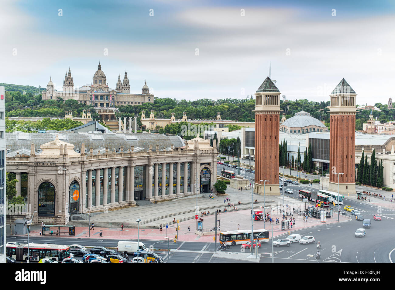 The Venetian Towers of Plaa d'Espanya or Spain square, also known as Plaza de España and The Museu Nacional d’Art de Catalunya Stock Photo