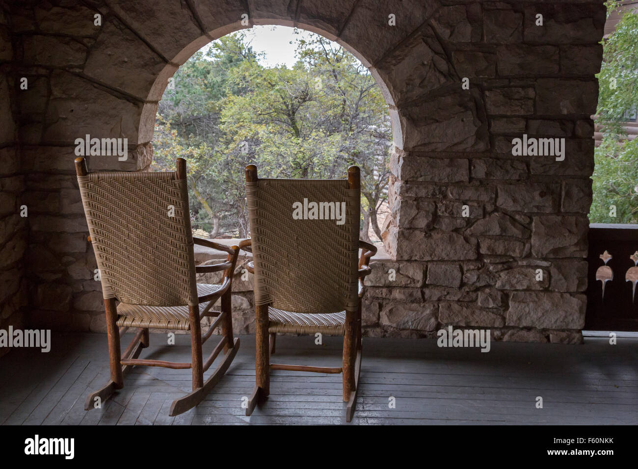 Grand Canyon National Park, Arizona - Rocking chairs on the porch of El Tovar Hotel. Stock Photo
