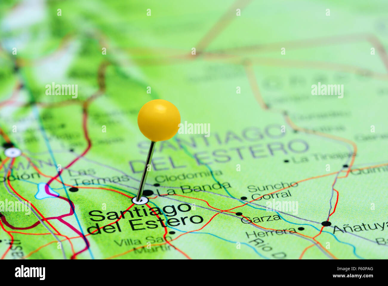 Santiago del Estero pinned on a map of Argentina Stock Photo
