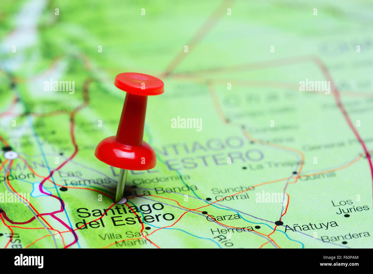 Santiago del Estero pinned on a map of Argentina Stock Photo