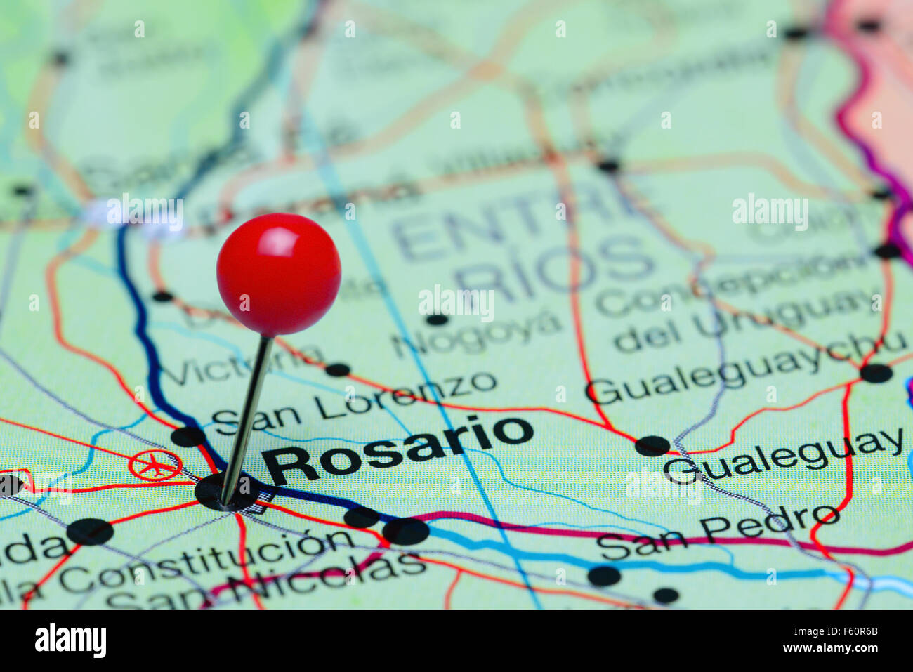 Rosario pinned on a map of Argentina Stock Photo