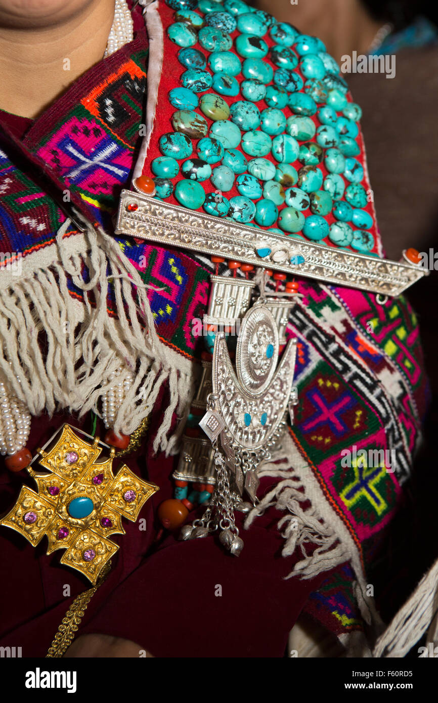 India, Himachal Pradesh, Spiti, Kaza, La Darcha Festival, traditional silver, gold, coral and turquoise Spitian jewellery Stock Photo