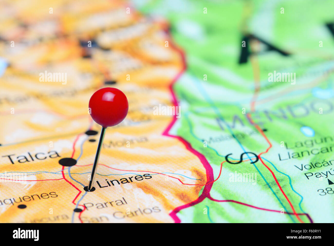 Linares pinned on a map of Chile Stock Photo