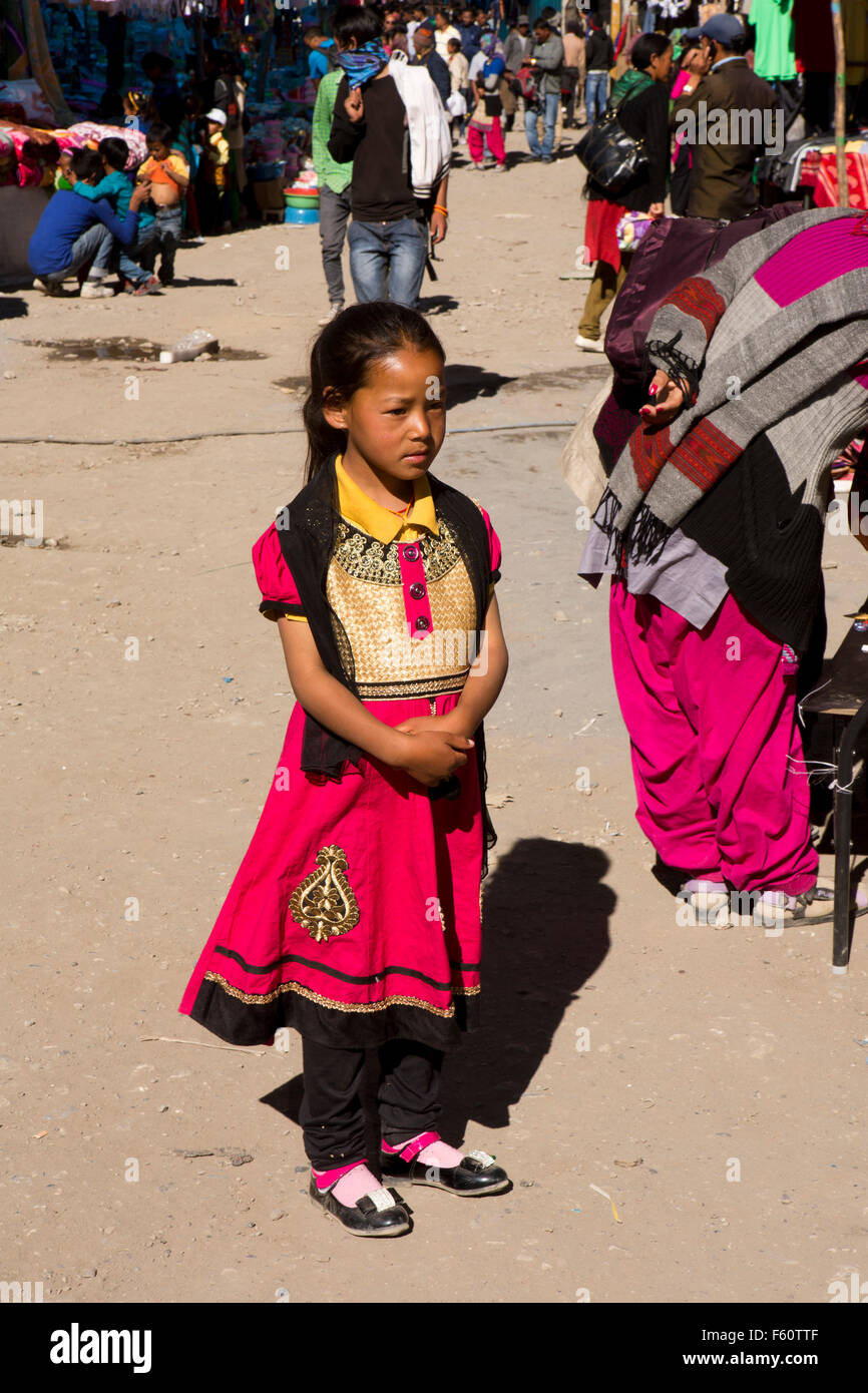 India, Himachal Pradesh, Spiti, Kaza, new town bazaar, local girl dressed in best clothes for La Darcha Festival Stock Photo
